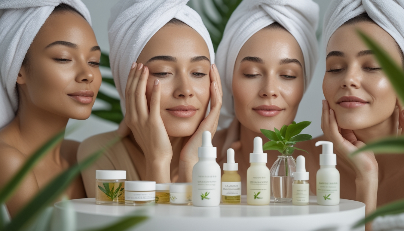 Beberapa wanita dengan kulit sehat dan bercahaya sedang merawat wajah mereka di meja dengan produk perawatan kulit di sekitar.