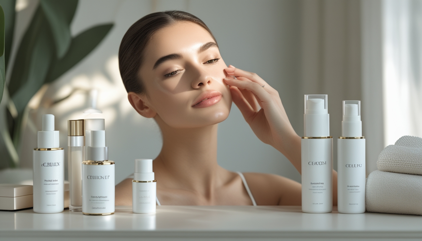 Seorang wanita muda sedang mengaplikasikan serum pada wajahnya di meja rias dengan produk perawatan kulit di sekitarnya.