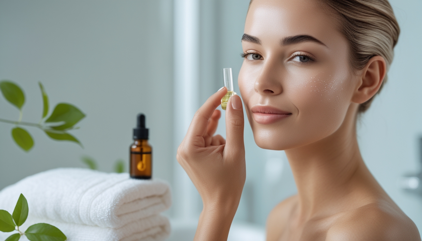 Seorang wanita dengan kulit wajah yang halus dan awet muda sedang mengaplikasikan serum anti-penuaan ke wajahnya di kamar mandi yang terang dan bersih.