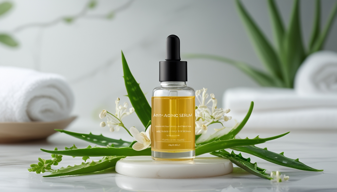Botol serum anti-penuaan dengan tetes serum berwarna keemasan di atas permukaan marmer putih, dikelilingi oleh daun aloe vera, daun teh hijau, dan bunga putih, dengan latar belakang kamar mandi minimalis yang samar.