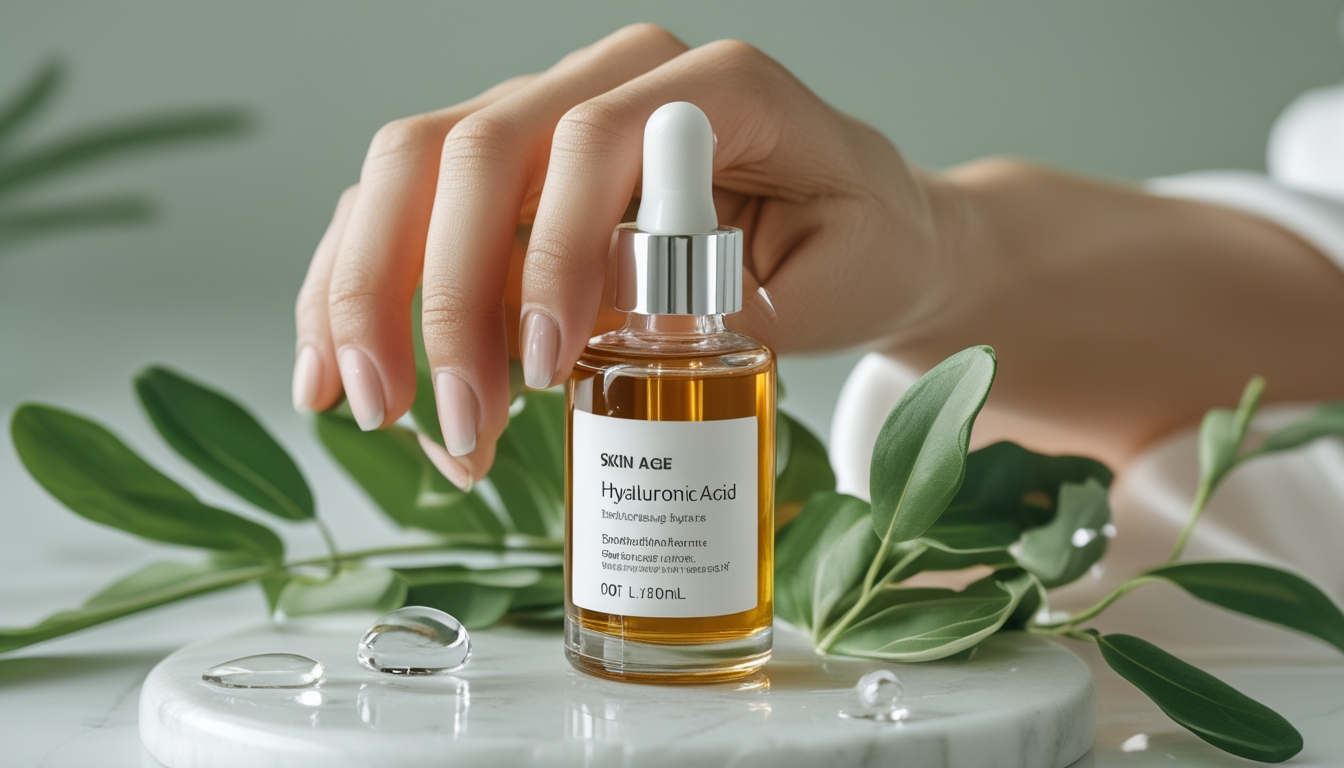 Botol serum hyaluronic acid di atas permukaan marmer putih dengan daun hijau dan tetesan air, tangan wanita memegang botol tersebut.