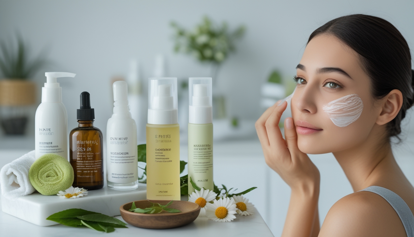 Seorang wanita muda dengan kulit bersih sedang mengaplikasikan serum wajah di meja dengan produk perawatan kulit dan bahan alami di sekitarnya.