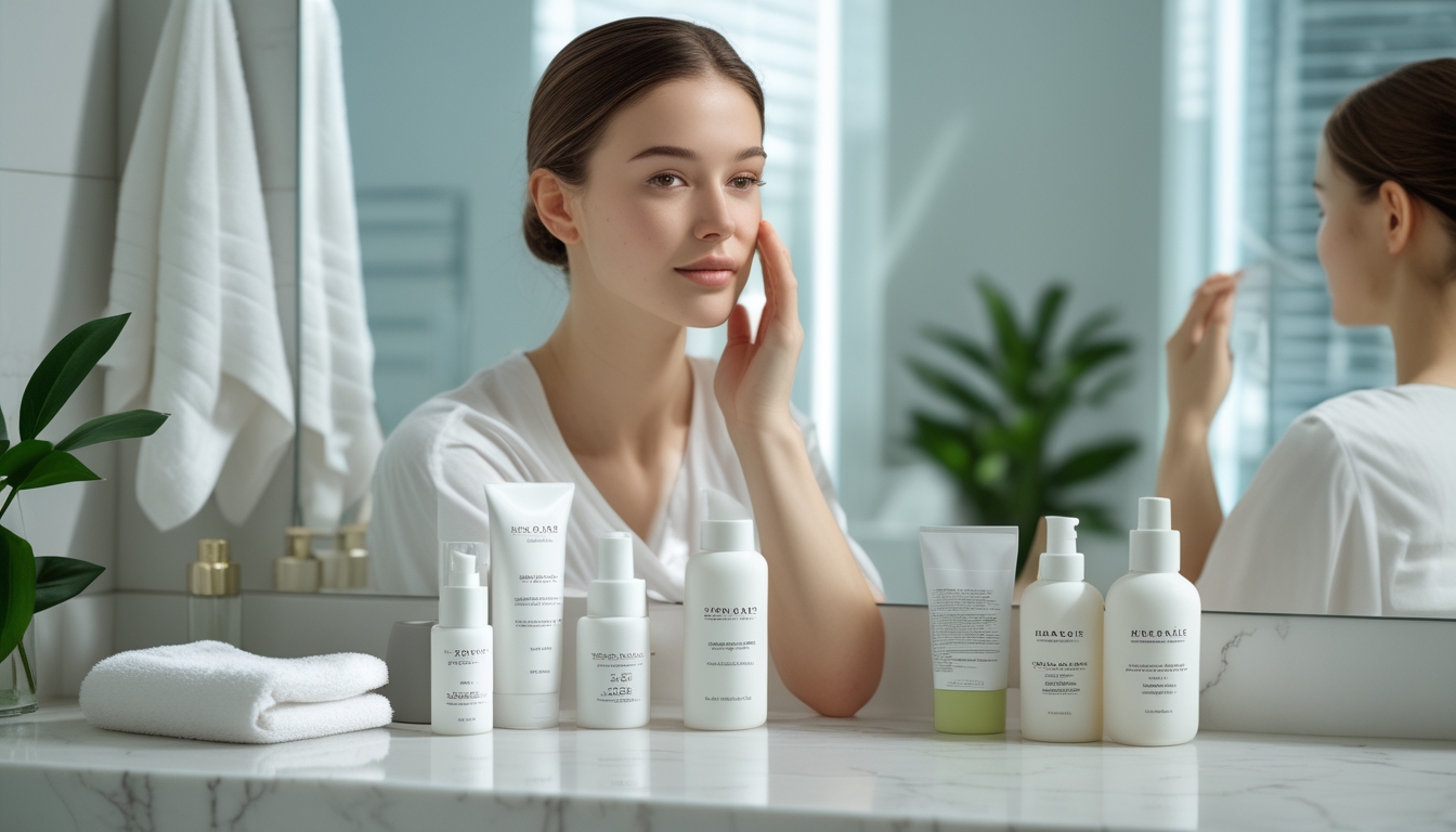 Seorang wanita sedang mengaplikasikan serum wajah di area kamar mandi dengan produk perawatan kulit di meja, menunjukkan rutinitas perawatan untuk kulit sensitif dan berjerawat.