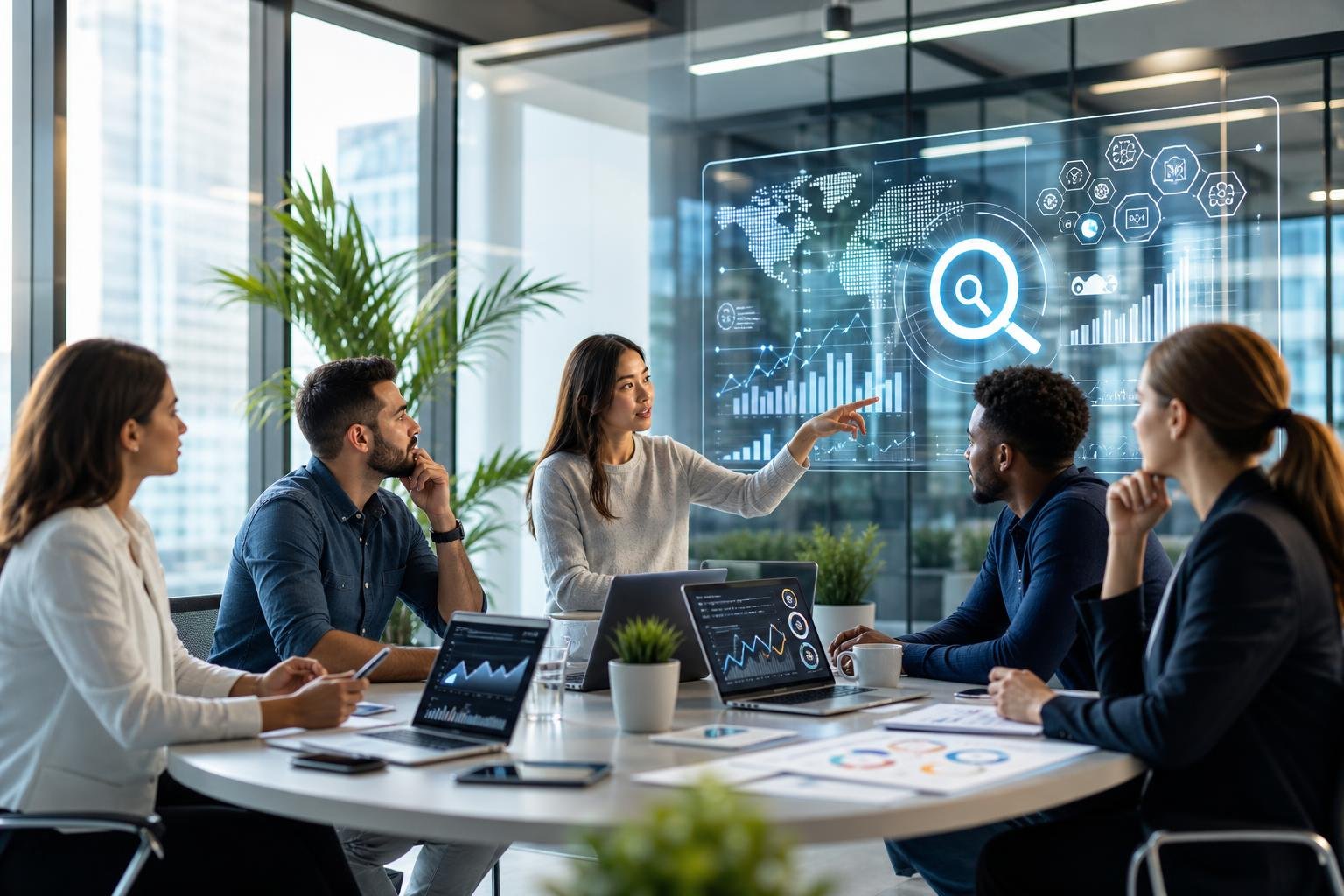 Business professionals discussing SEO strategies around a conference table with digital devices showing charts and data in a modern office.