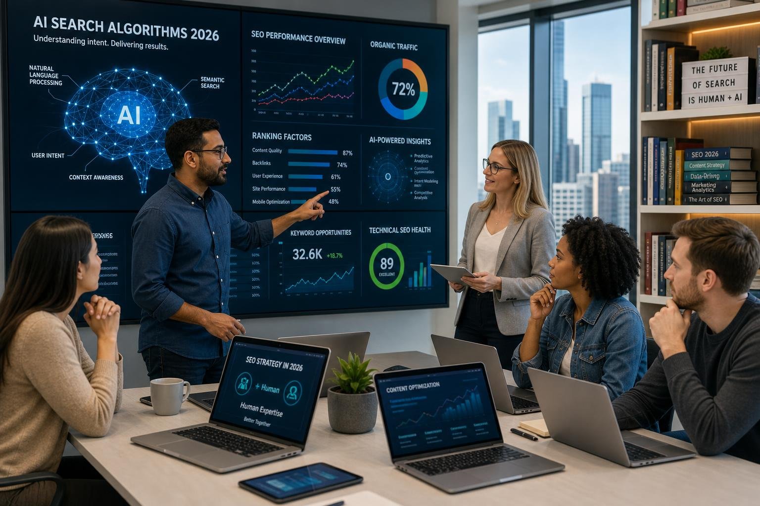 A group of professionals analyzing data on large digital screens in a modern office setting.