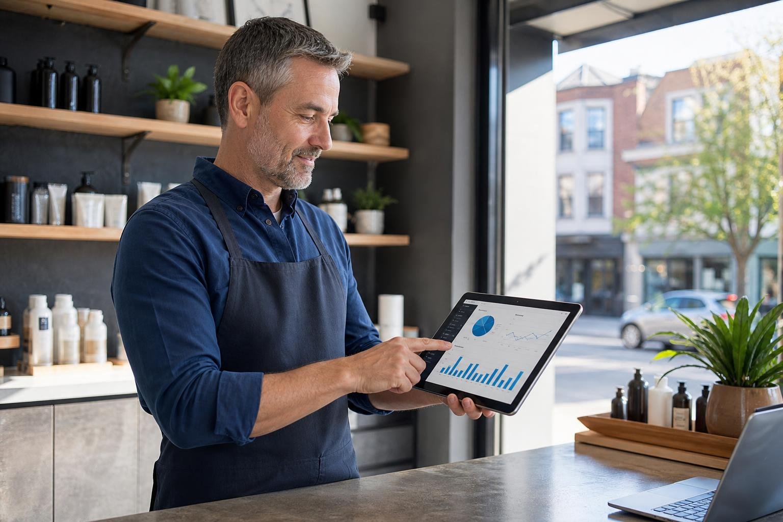 A small business owner inside a bright storefront using a tablet showing digital marketing data.