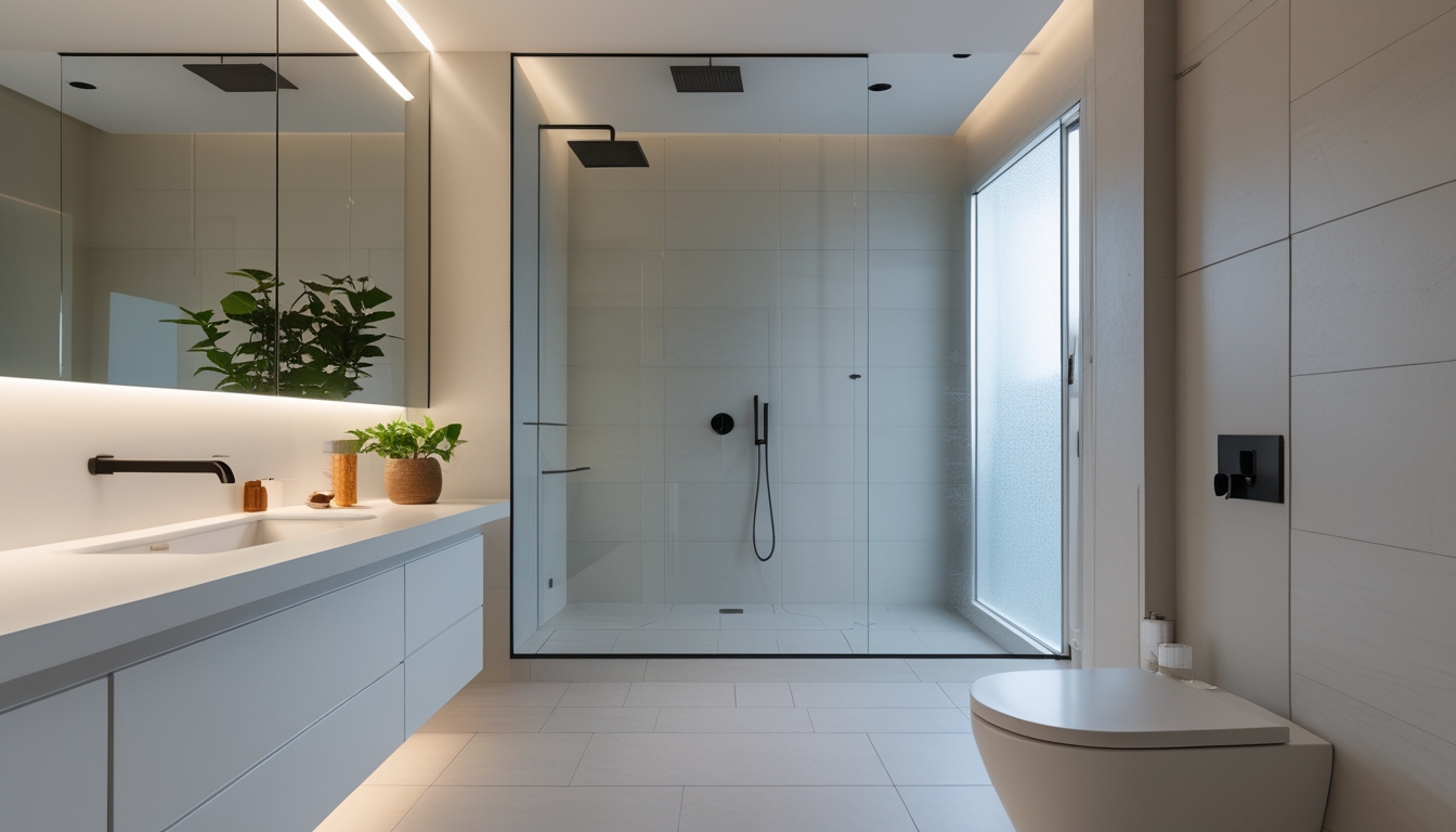 Kamar mandi dengan wastafel mengambang, cermin besar, shower kaca, dan tanaman hijau kecil.