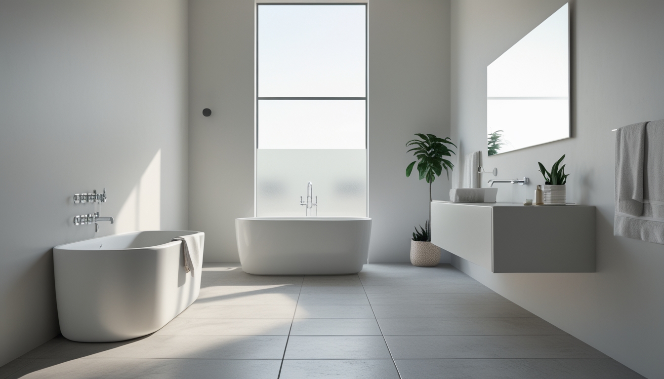 Foto kamar mandi dengan bathtub putih, wastafel mengambang, dan pencahayaan alami yang terang.