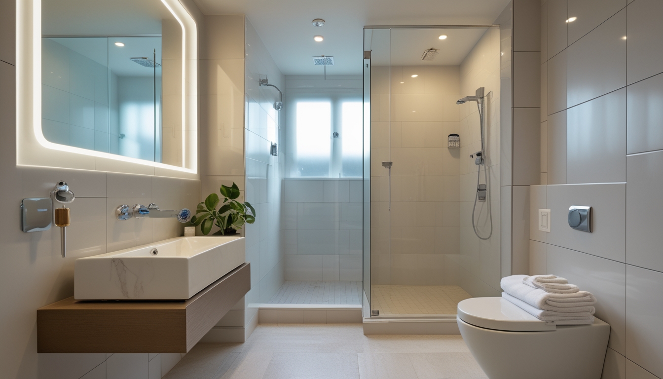 Kamar mandi kecil dengan desain mewah, dilengkapi wastafel modern, cermin besar, shower dengan kaca bening, dan tanaman hijau kecil.