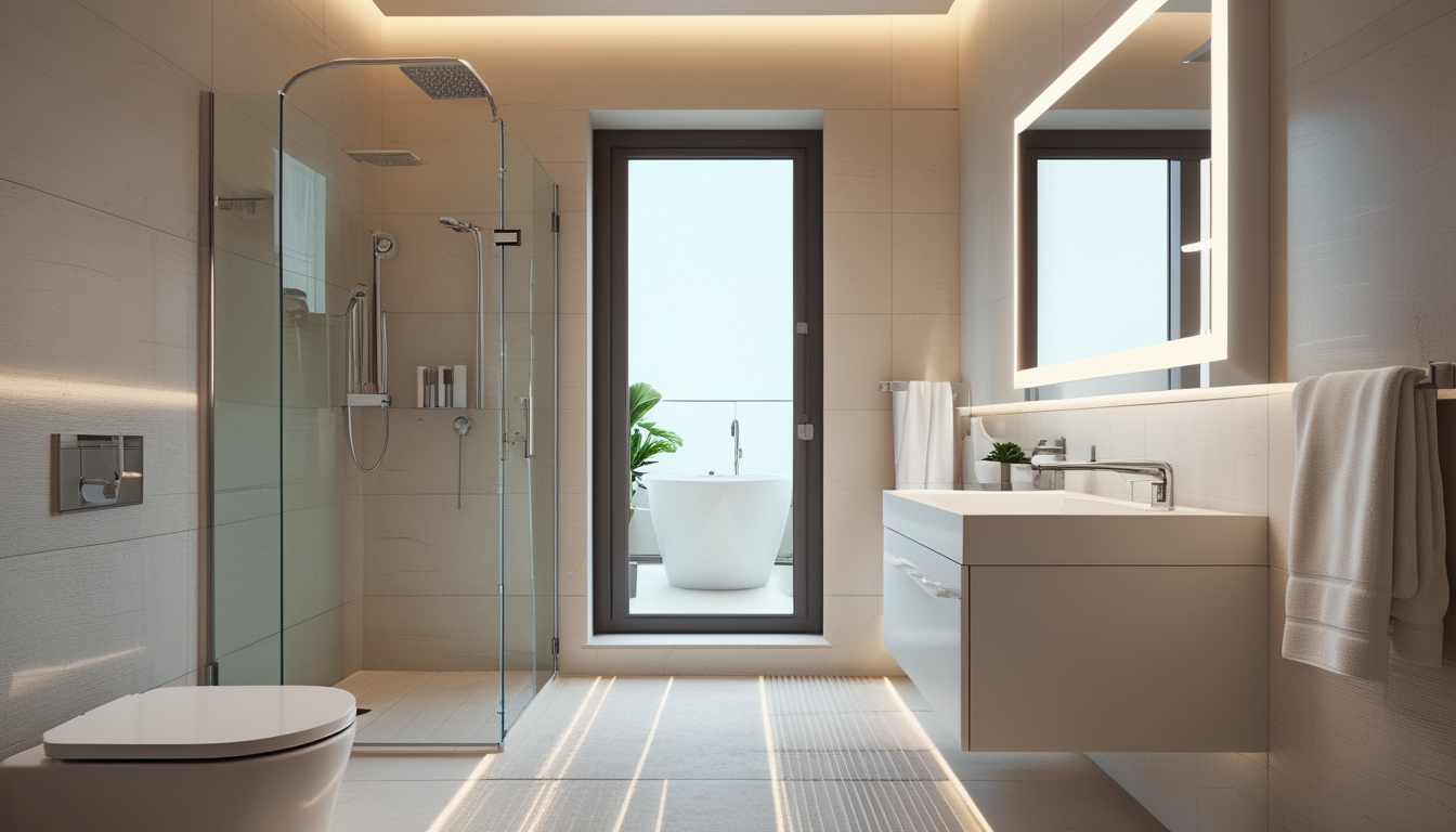 Kamar mandi kecil dengan desain modern yang terlihat bersih, terang, dan luas dengan shower kaca, wastafel mengambang, cermin besar, dan tanaman hias kecil.