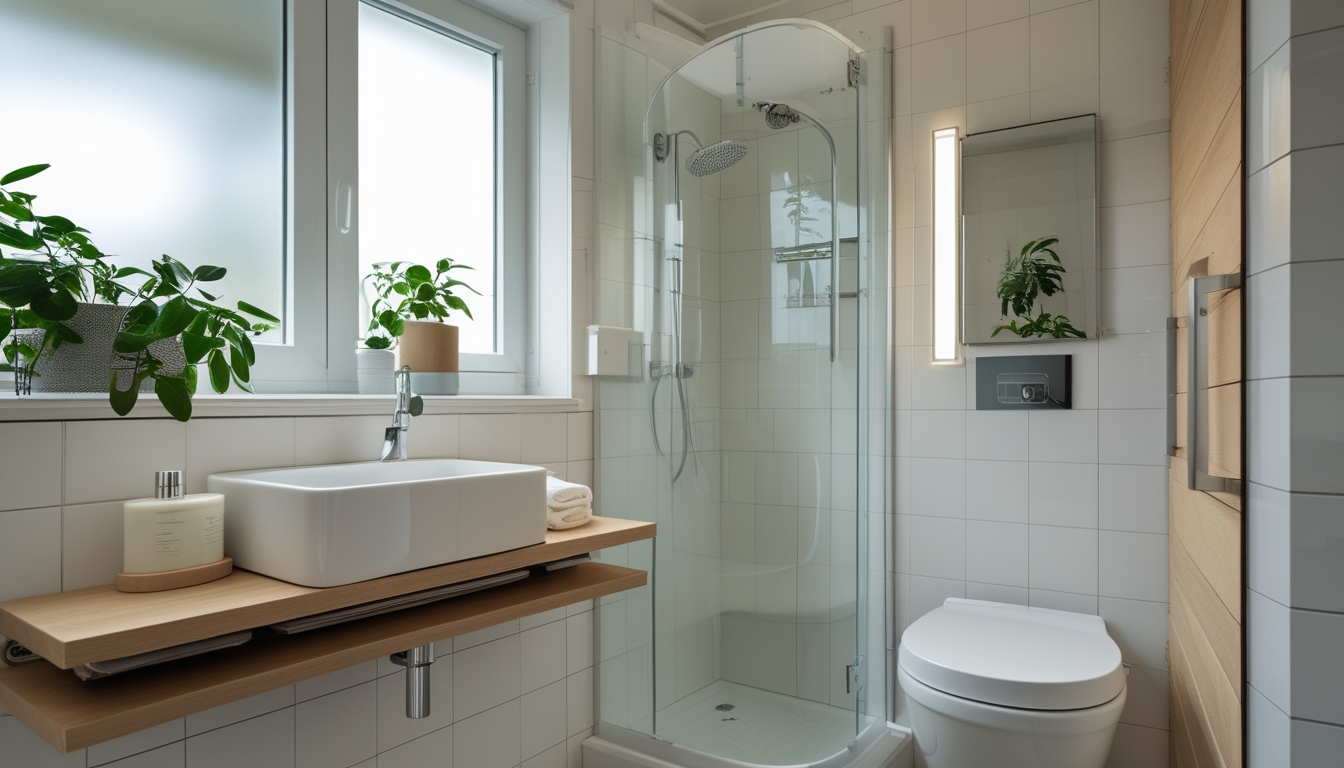 Kamar mandi kecil yang rapi dengan wastafel, cermin, shower kaca, dan tanaman hijau.