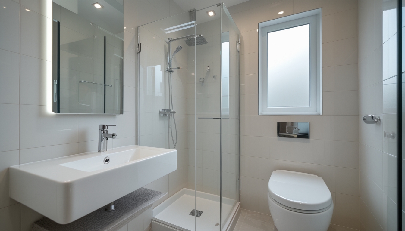 Kamar mandi kecil yang bersih dan rapi dengan wastafel, cermin, toilet, dan area shower yang dipisahkan oleh kaca bening.
