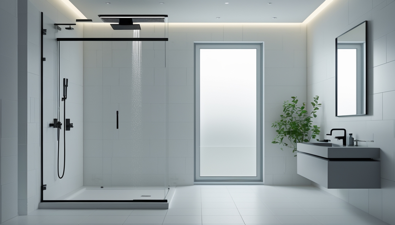 Kamar mandi modern dengan shower minimalis dan elegan, menampilkan kaca transparan, perlengkapan hitam, dan pencahayaan lembut.