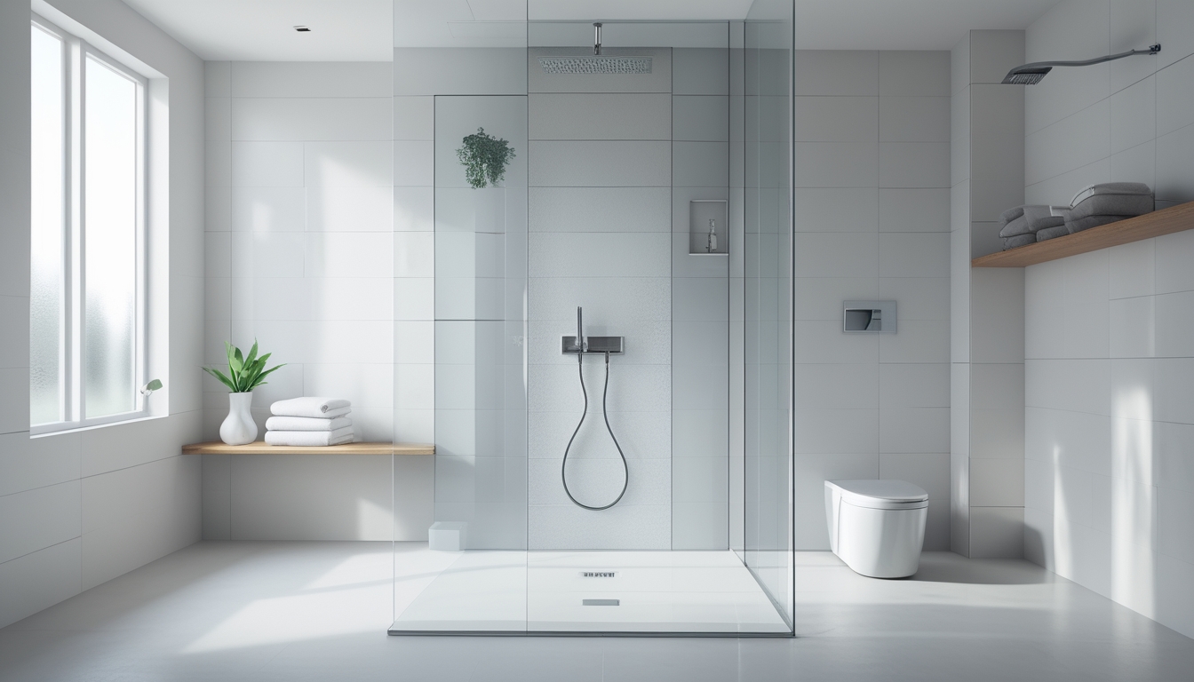 Kamar mandi dengan area shower minimalis yang bersih dan rapi, dilengkapi dengan pintu kaca tanpa bingkai, pancuran hujan, dan handuk putih di rak kayu.