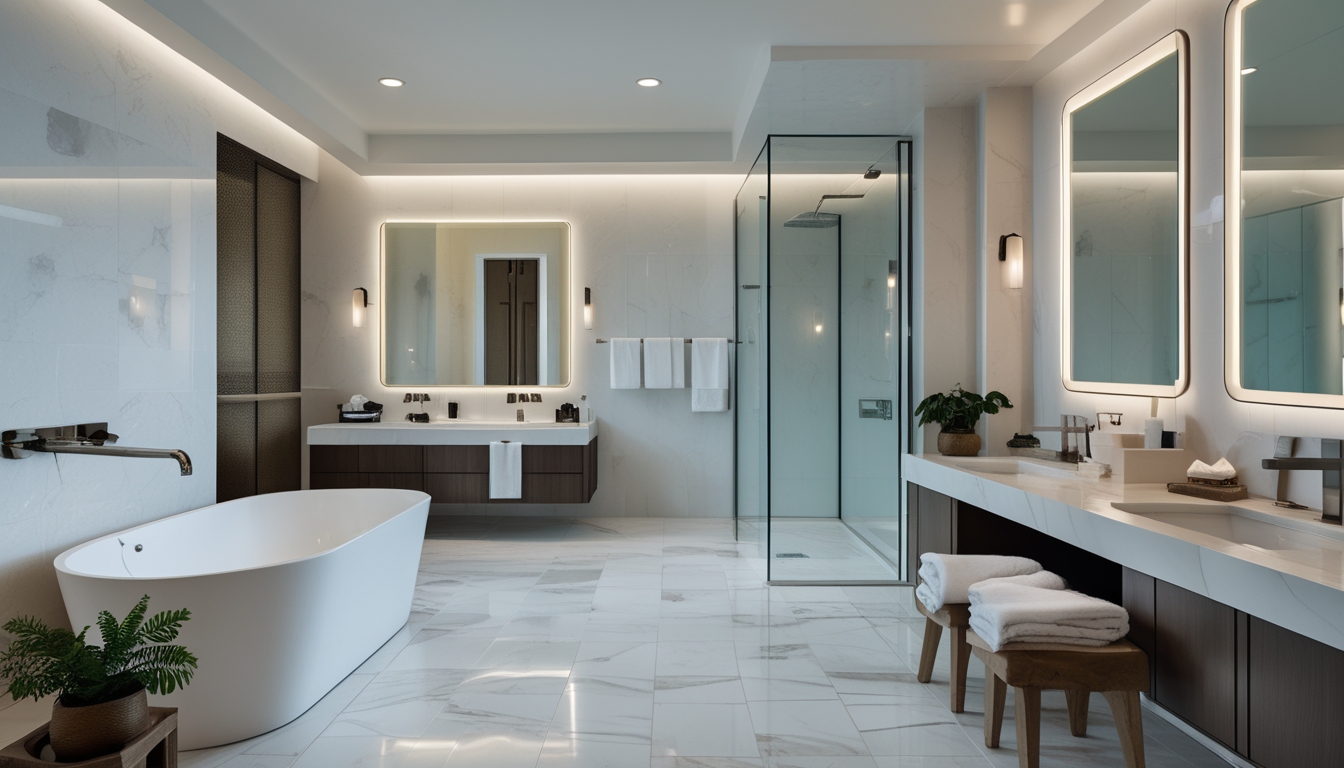 Kamar mandi mewah dengan bathtub besar, wastafel ganda, dan dekorasi yang rapi serta tanaman hijau kecil.