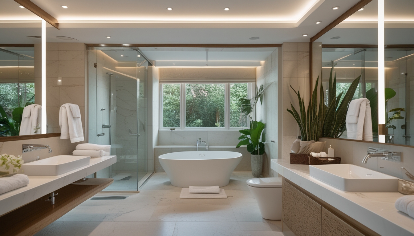 Interior kamar mandi mewah dengan bathtub berdiri bebas, shower kaca, wastafel ganda, dan dekorasi tanaman.