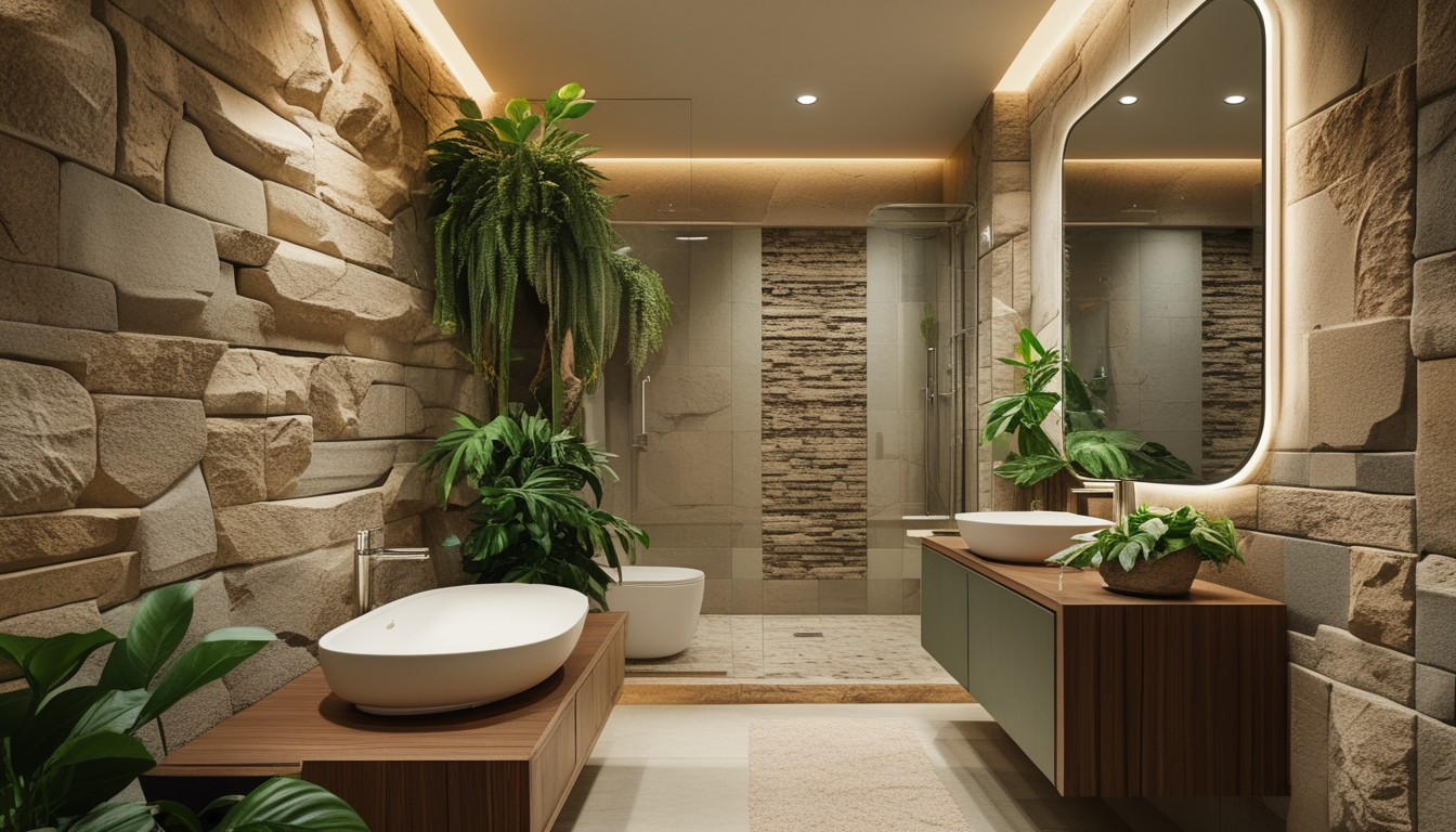 Kamar mandi dengan desain alami menggunakan batu alam, dilengkapi wastafel kayu, tanaman hijau, dan pancuran dengan pintu kaca.