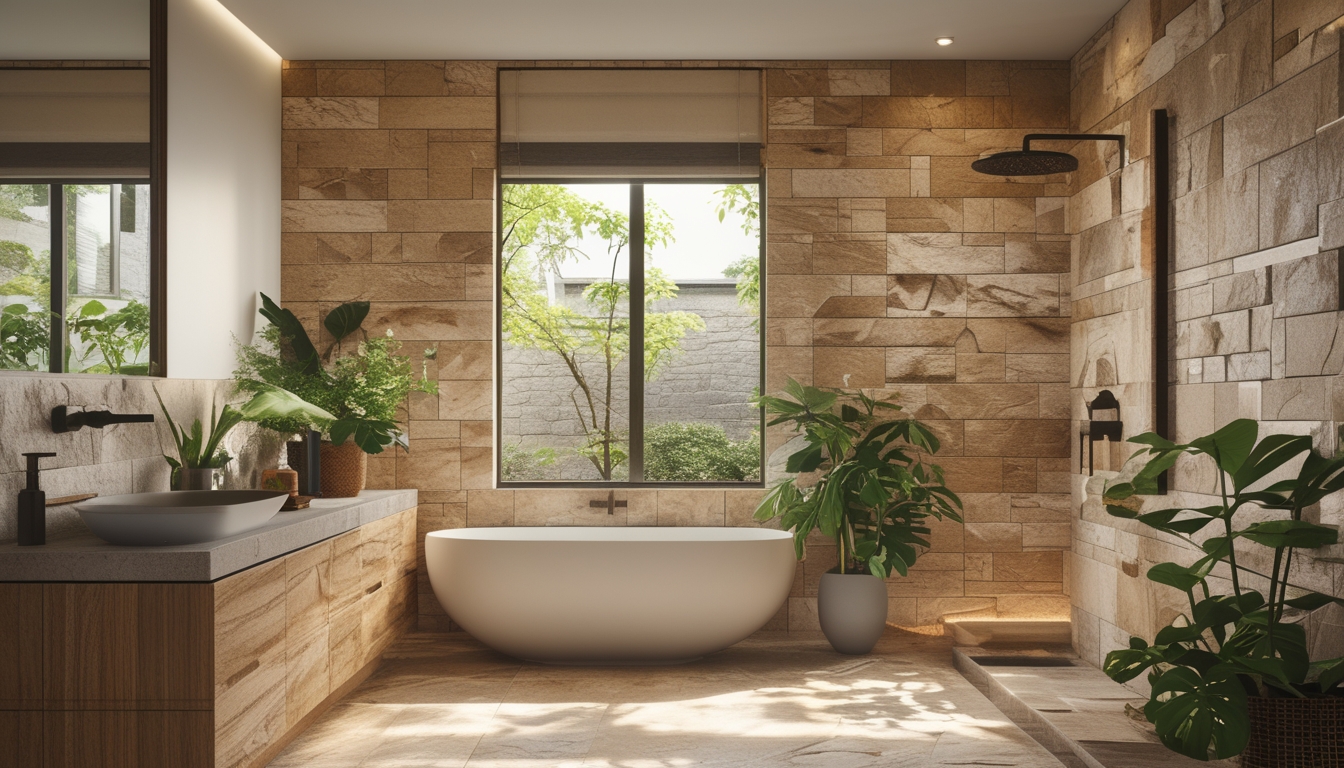 Sebuah kamar mandi dengan bathtub putih, dinding dan lantai batu alam, tanaman hijau, dan pencahayaan alami yang terang.