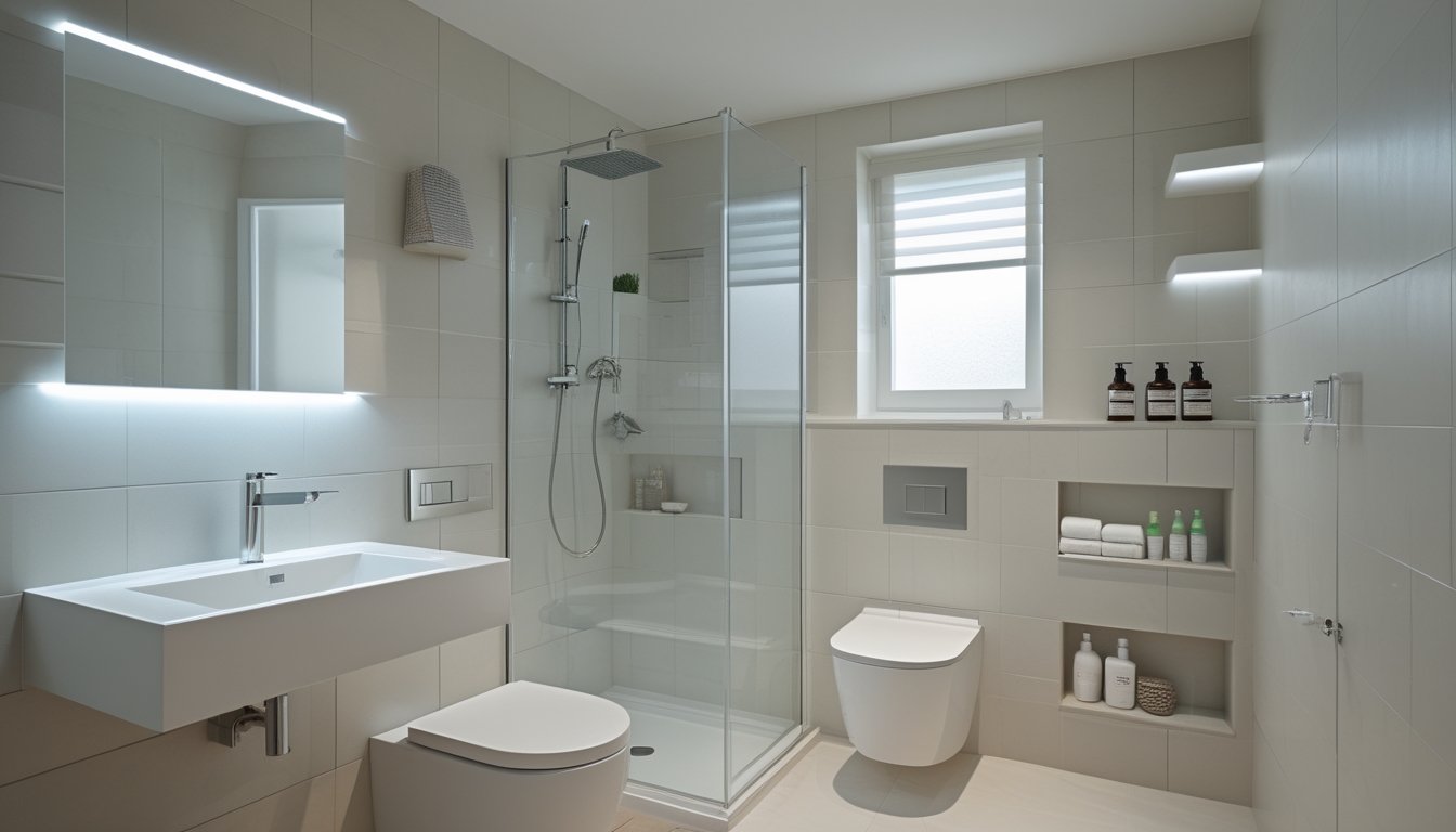 Kamar mandi kecil dengan desain modern, shower kaca, wastafel dinding, rak penyimpanan, dan pencahayaan alami.
