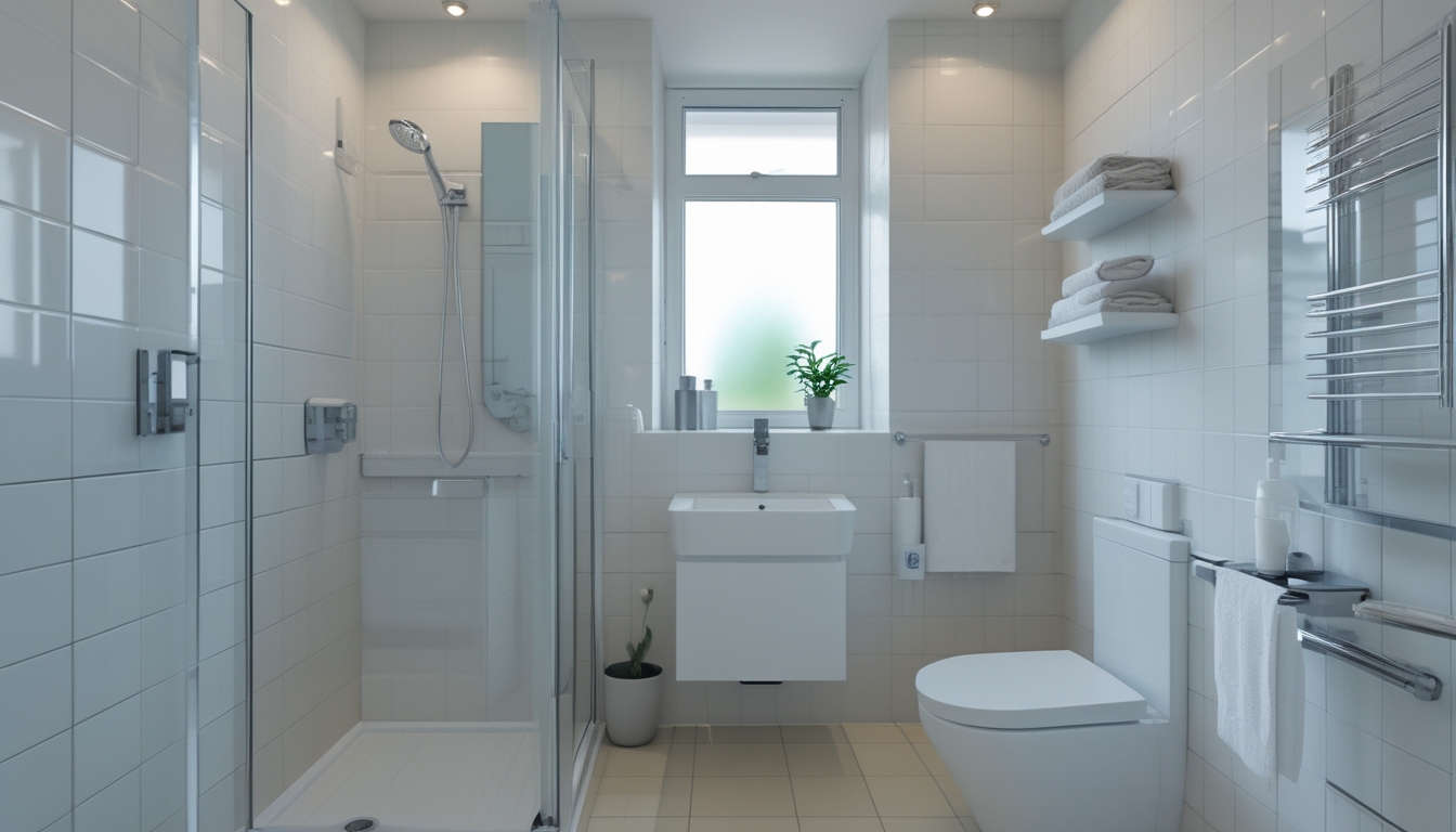 Interior kamar mandi kecil dengan shower kaca, wastafel dinding, cermin, rak penyimpanan, dan jendela kecil yang menerangi ruangan.