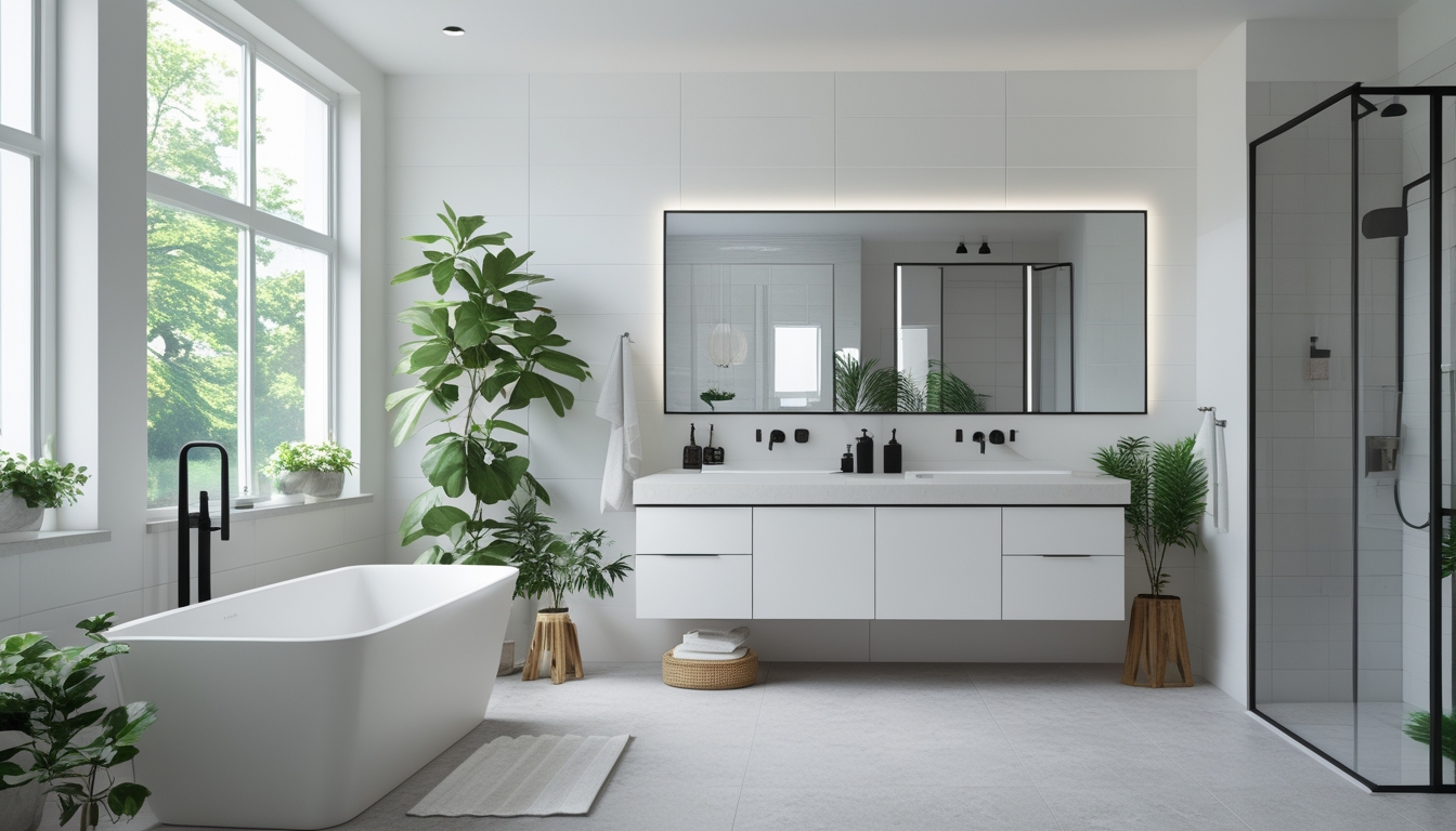 Sebuah kamar mandi dengan bathtub, wastafel, cermin besar, tanaman hijau, dan pencahayaan alami yang terang.