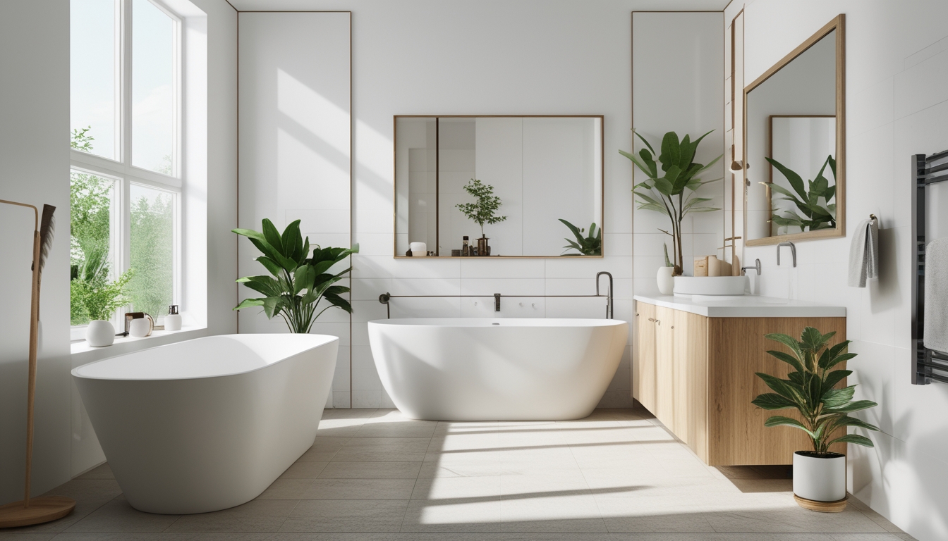 Sebuah kamar mandi modern dengan bathtub, meja rias kayu, tanaman hijau, dan pencahayaan alami yang terang.