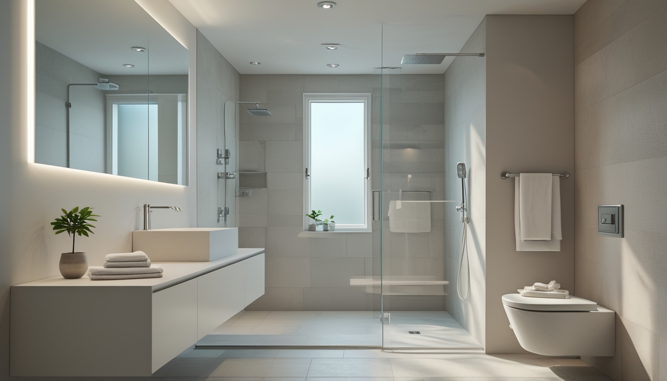 Kamar mandi minimalis dengan wastafel dinding, shower kaca, dan pencahayaan alami.