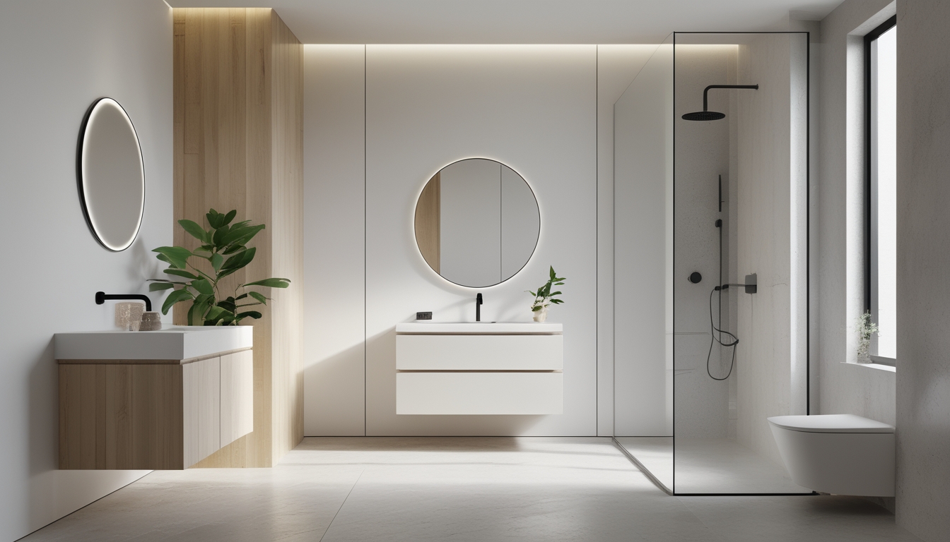 Foto kamar mandi modern dengan wastafel, cermin bundar, dan shower kaca tanpa bingkai.