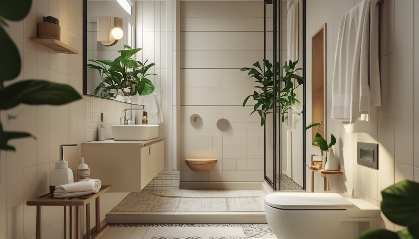 Kamar mandi modern dengan desain sederhana dan rapi, dilengkapi wastafel, cermin besar, tanaman hijau, dan pencahayaan alami.