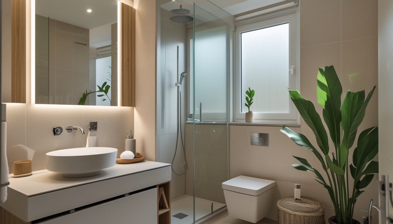 Kamar mandi modern dengan desain efisien, wastafel putih, cermin, area shower kecil, tanaman hijau, dan pencahayaan alami.