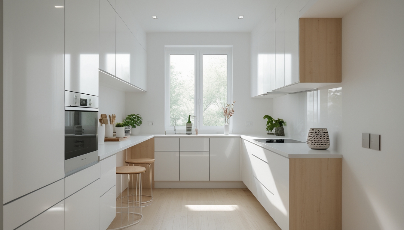 Dapur sempit dengan desain rapi dan perabotan minimalis, pencahayaan alami, dan tata letak yang efisien.