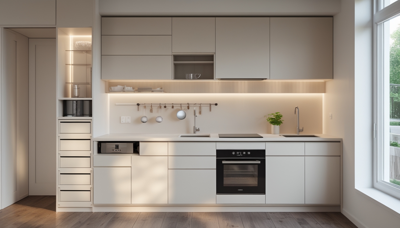 Dapur kecil dengan tata letak rapi dan perabotan minimalis yang memaksimalkan ruang terbatas.