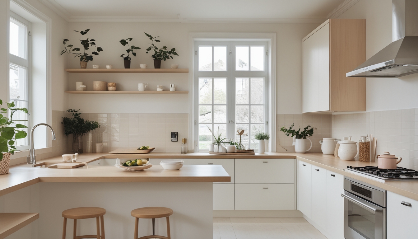Interior dapur dengan meja tengah, kursi bar, peralatan dapur modern, dan tanaman hias di dekat jendela besar.