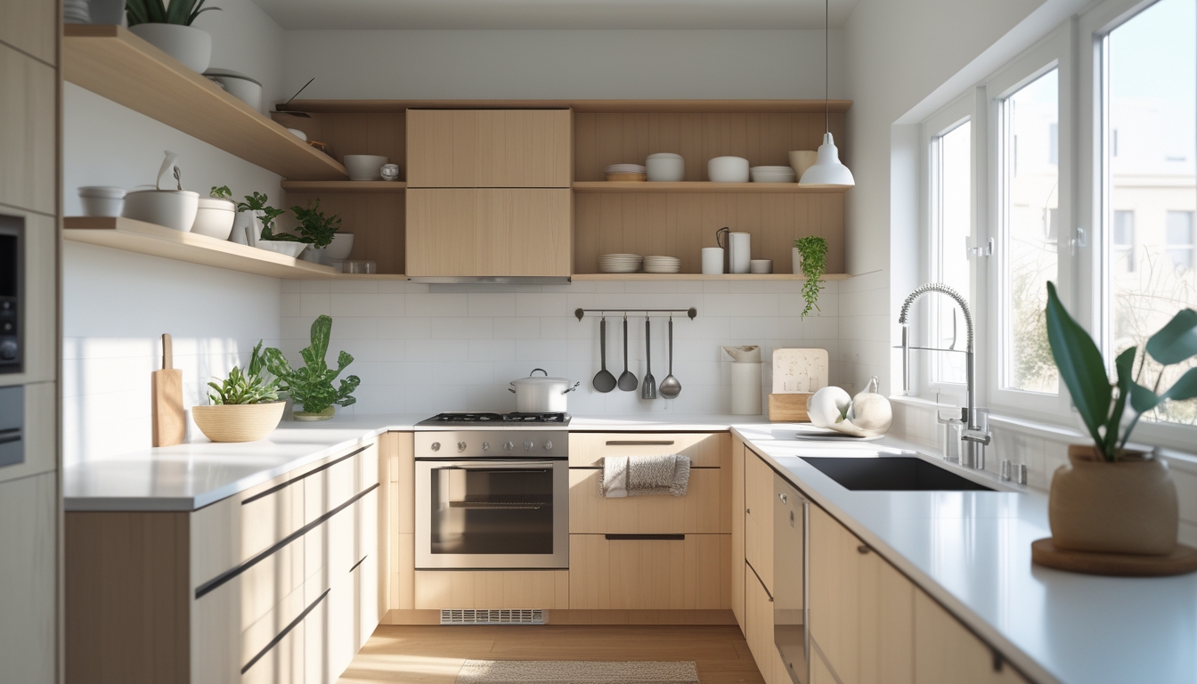 Interior dapur modern yang terang dengan perabotan rapi dan pencahayaan alami.