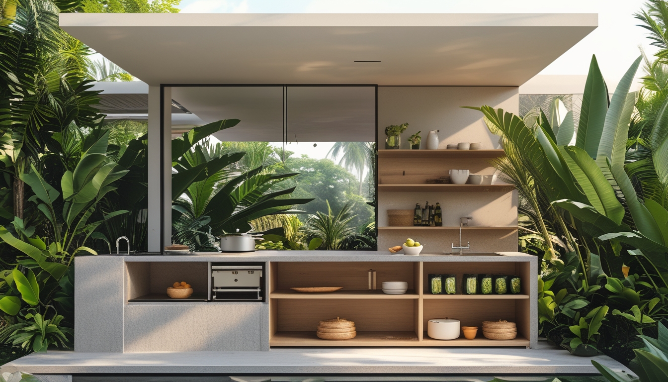 Dapur outdoor minimalis dengan peralatan dapur dan tanaman tropis di sekitarnya.