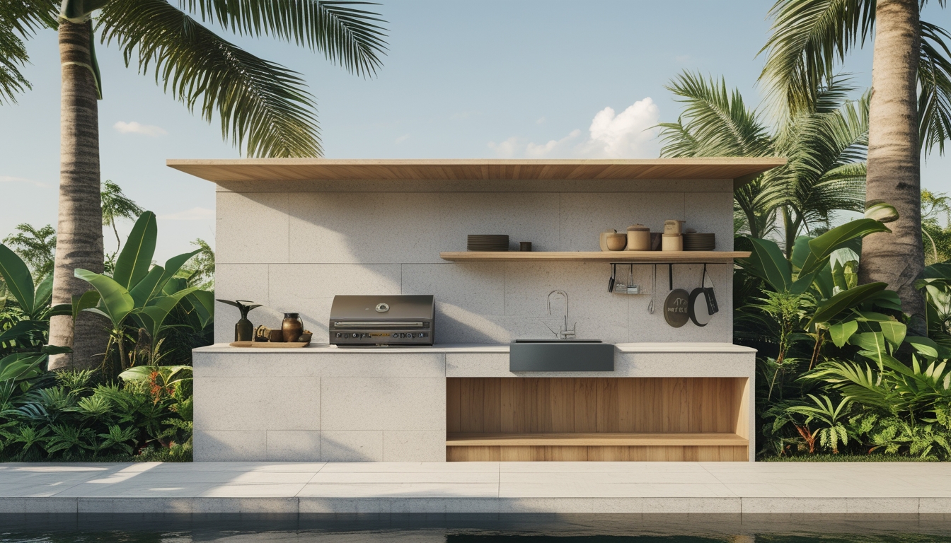 Dapur outdoor minimalis dengan peralatan memasak di tengah tanaman tropis hijau dan langit cerah.