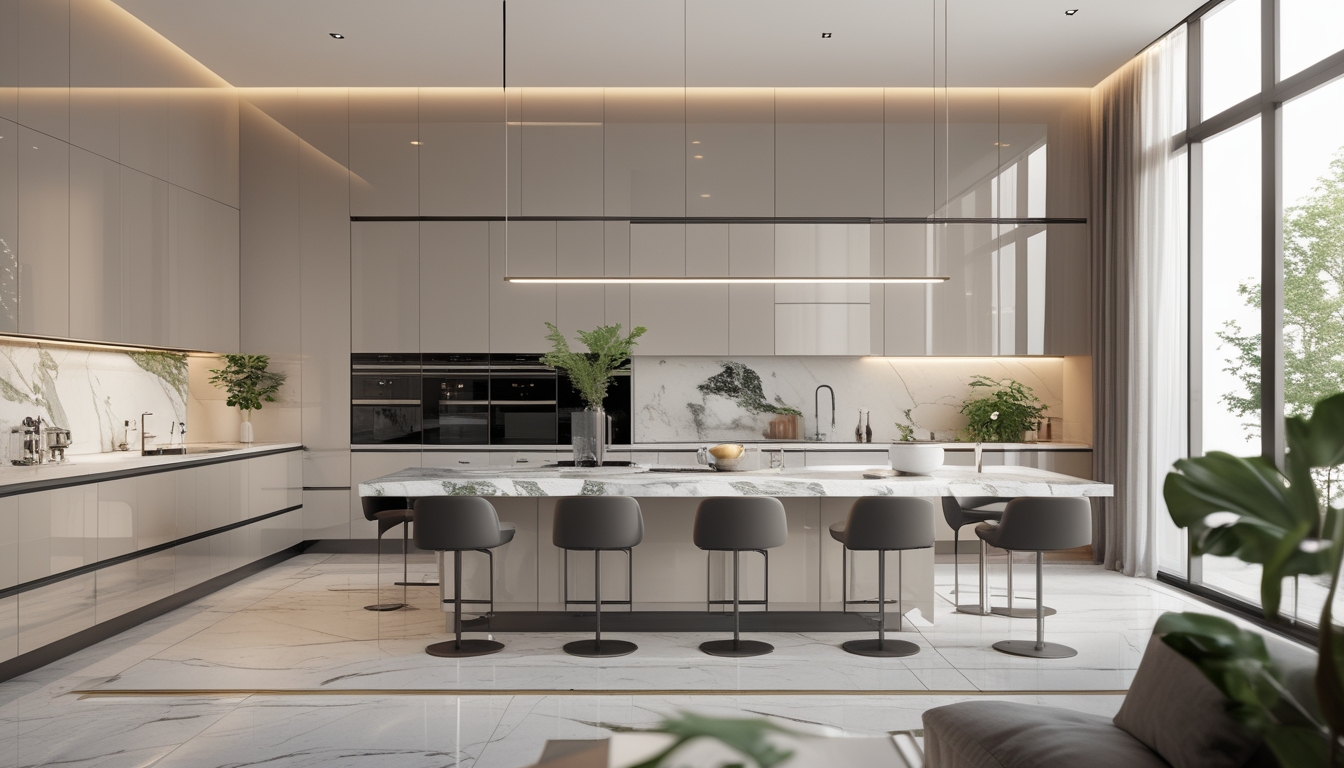 Dapur mewah modern dengan peralatan dapur lengkap dan pencahayaan alami yang terang.