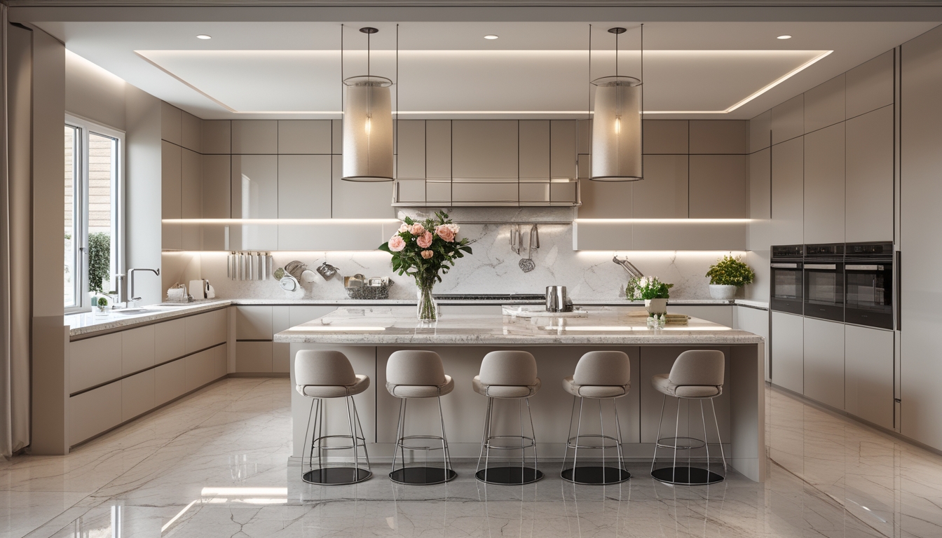 Dapur mewah modern dengan kitchen set, meja dapur besar, kursi bar, dan pencahayaan gantung yang elegan.