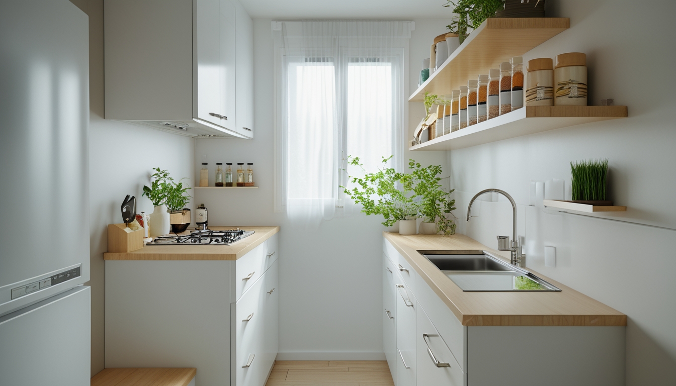 Dapur kecil yang rapi dengan kabinet putih, kompor kecil, rak dinding dengan peralatan dapur, dan tanaman hijau.