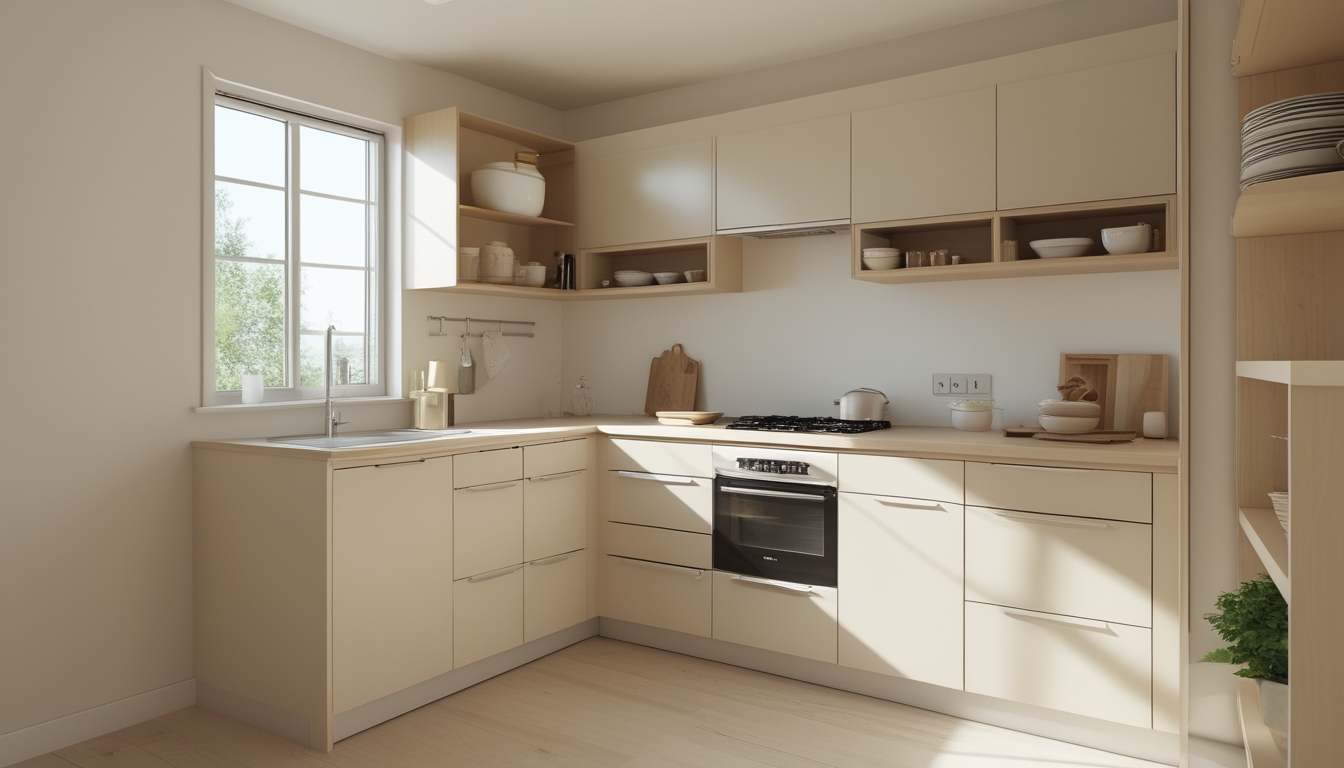 Dapur kecil yang rapi dengan desain minimalis, dilengkapi dengan kabinet modern dan pencahayaan alami.