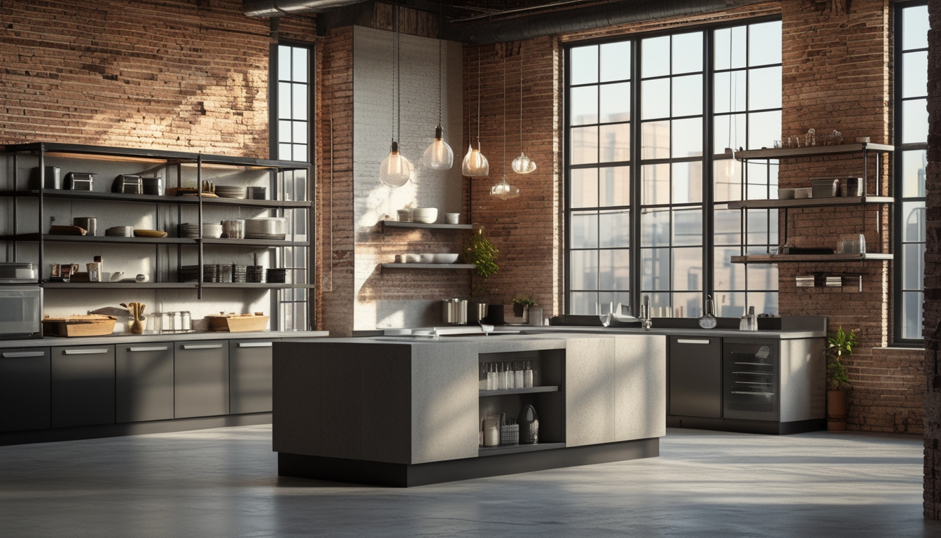 Interior dapur dengan dinding bata terbuka, peralatan dapur stainless steel, meja tengah besar, dan jendela besar yang menerangi ruangan.