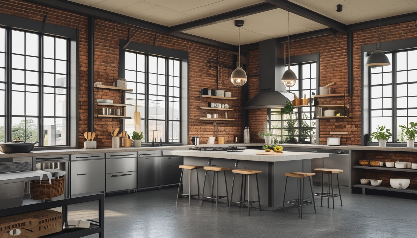 Dapur dengan dinding bata terbuka, peralatan stainless steel, meja tengah dengan kursi bar, dan jendela besar yang menerangi ruangan.