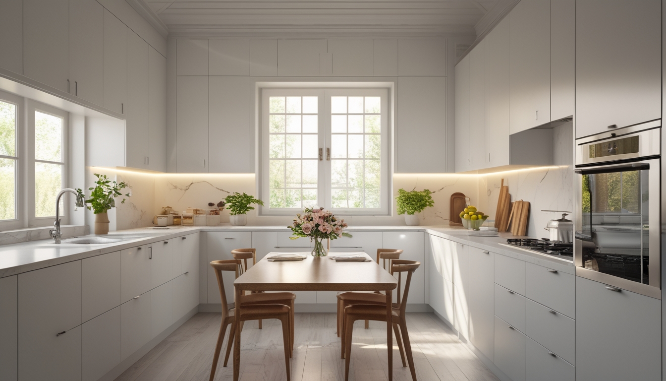 Dapur sederhana dengan kabinet putih, meja makan kayu, peralatan stainless steel, dan pencahayaan alami yang membuat ruangan terlihat nyaman.