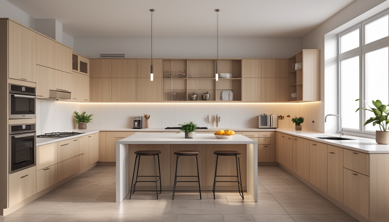 Dapur modern dengan tata letak efisien, meja dapur luas, peralatan stainless steel, dan pencahayaan alami.