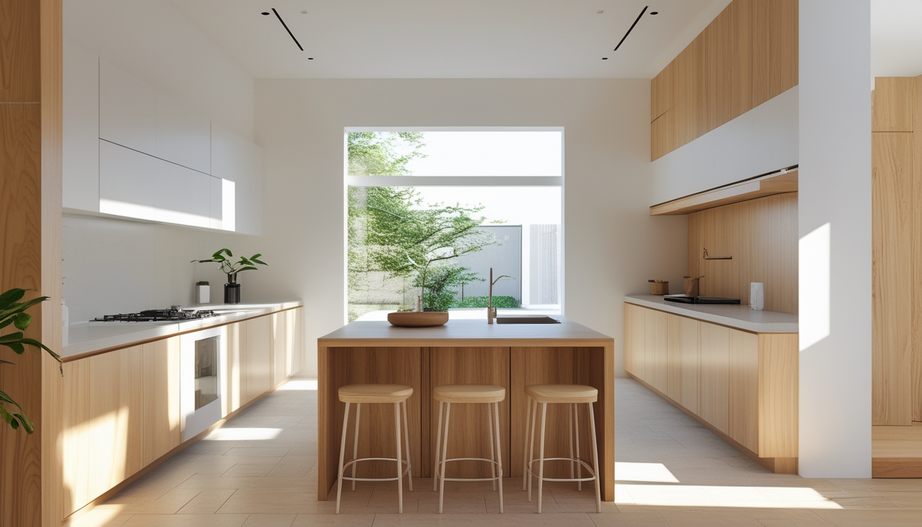 Dapur modern dengan elemen kayu alami, meja dapur dan lemari kayu, pencahayaan alami, dan tanaman hijau di dalam ruangan.