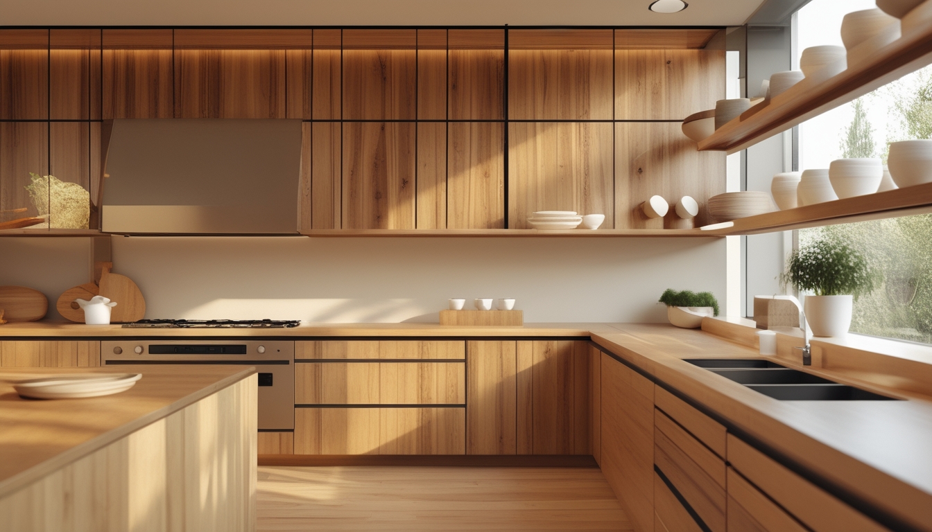 Dapur modern dengan elemen kayu alami, lemari kayu, peralatan dapur, dan tanaman kecil di dalam ruangan yang terang.