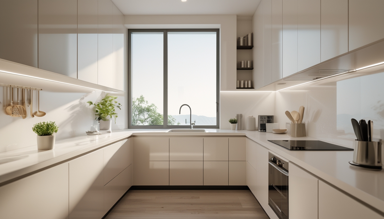 Dapur berbentuk huruf L dengan desain yang rapi dan efisien, dilengkapi lemari dan peralatan dapur yang tertata dengan baik.
