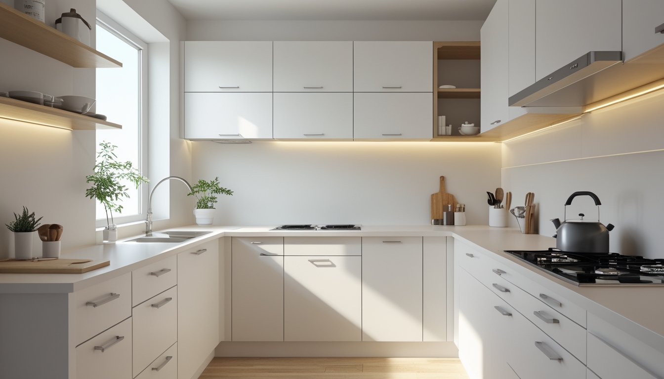 Dapur berbentuk huruf L dengan kabinet putih dan meja kompak di ruangan kecil yang terang dan rapi.