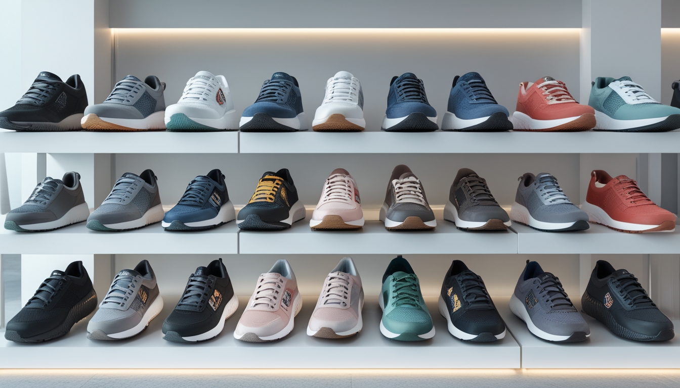 Beberapa sepatu Skechers pria dan wanita ditampilkan rapi di rak dalam toko yang terang dan modern.