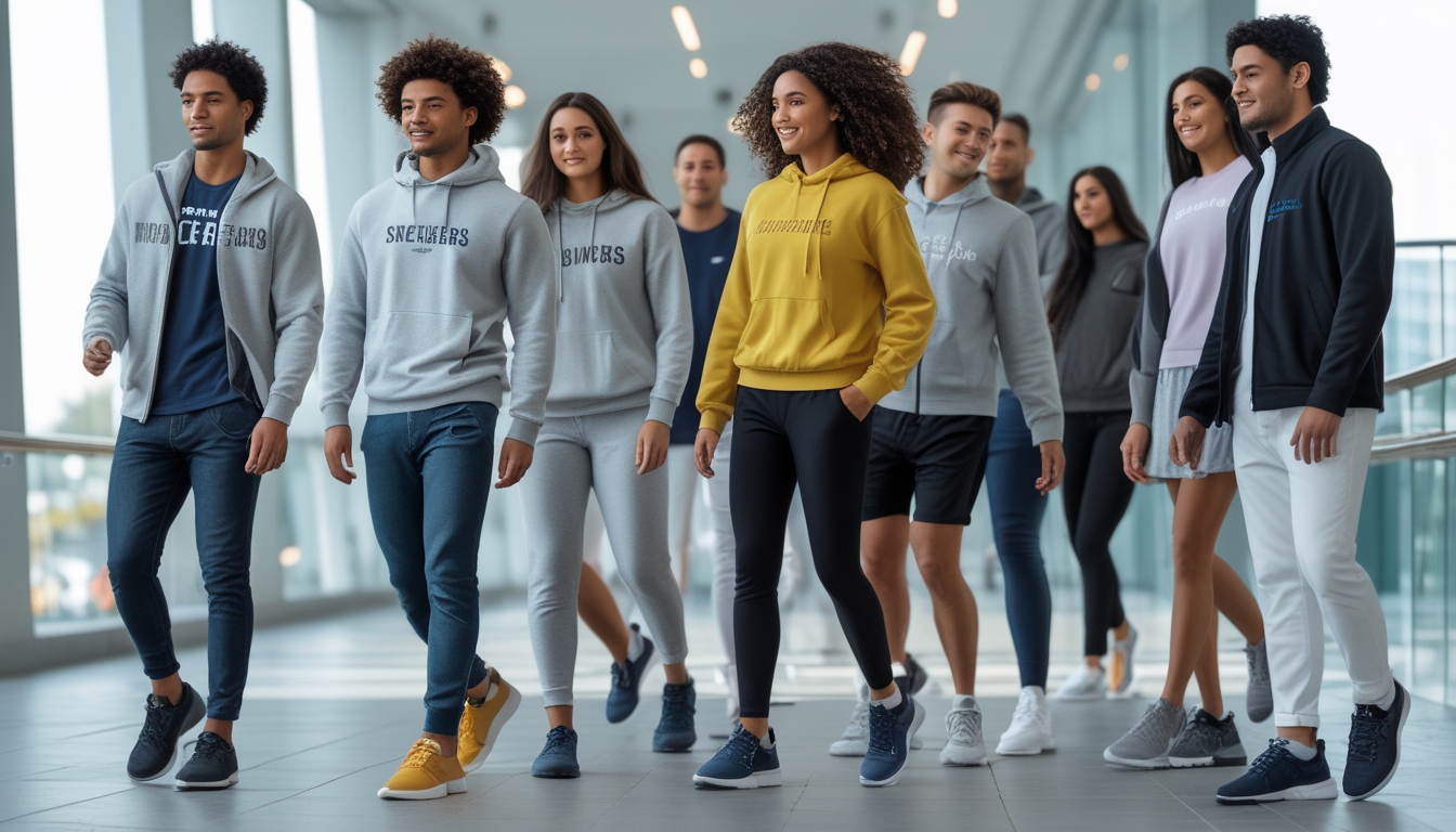 Sekelompok pria dan wanita memakai sepatu Skechers di lingkungan kota yang modern.